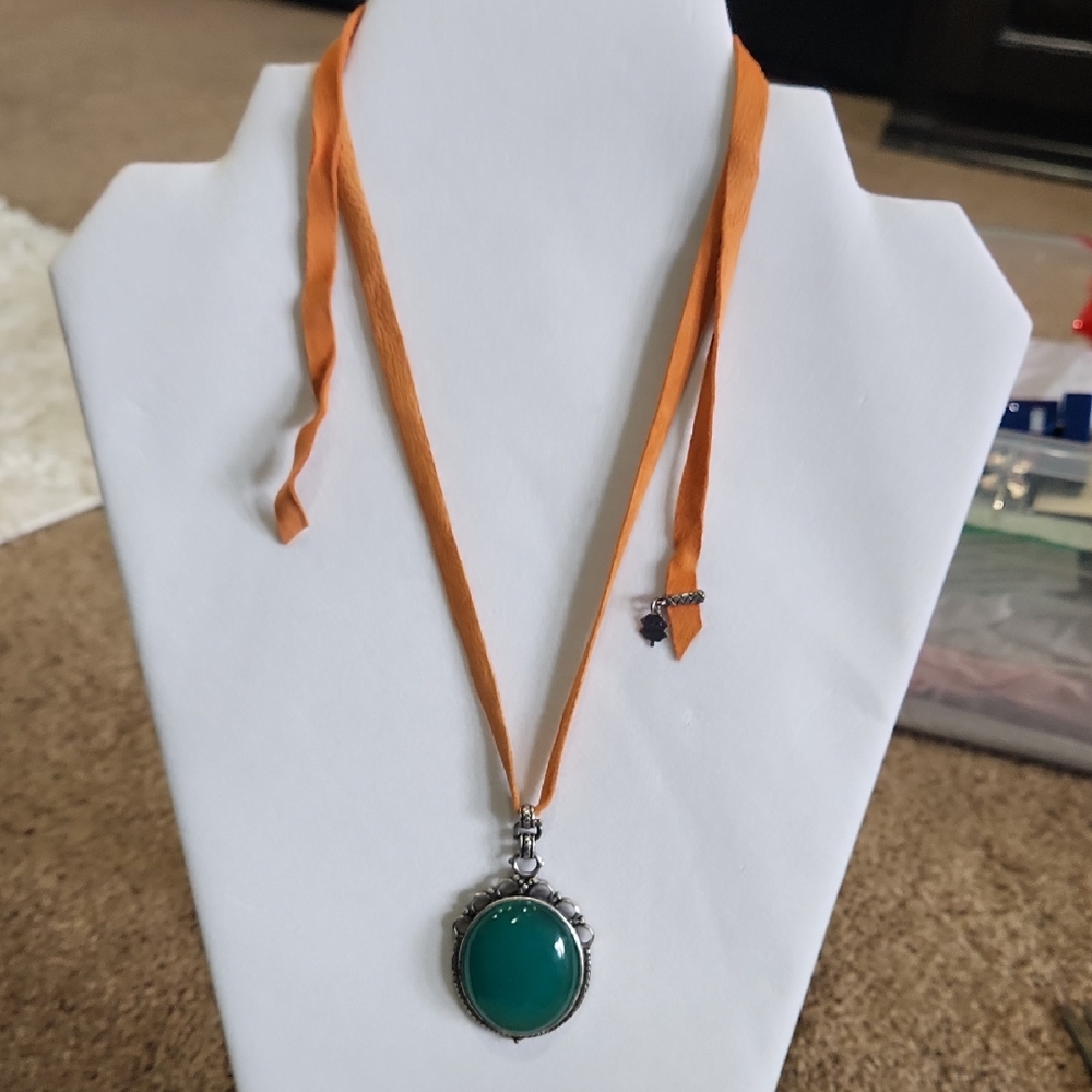 Lucky Brand Silver Necklace with Green Pendant and Orange Ribbon